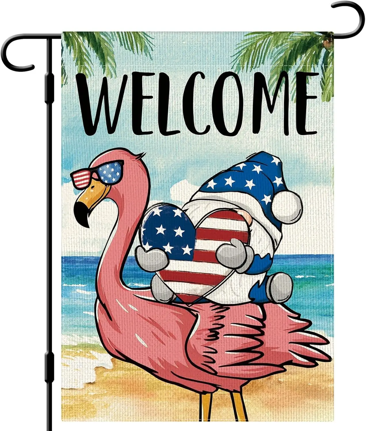 DLZDN Welcome 4th of July Garden Flag Patriotic Flamingo Gnome Garden Flag 12×18 Inch Double Sided Vertical Burlap Independence