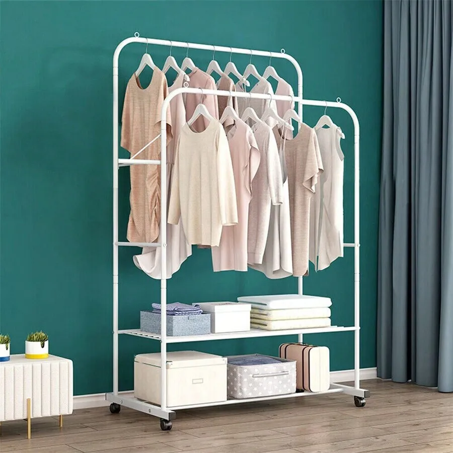 UNHO Rolling Clothes Garment Rack Double Rail On Wheels Clothing Hanging Rack Coat Rack With Shelf For Store Bedroom Dressing Ro