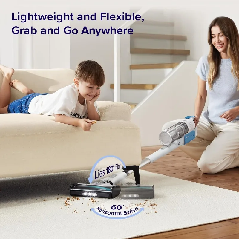 مكنسة كهربائية لاسلكية، عصا مكنسة كهربائية بتصميم مقاوم للتشابك، حتى 50 دقيقة، شفط قوي، قابلة لإعادة الشحن، خفيفة الوزن