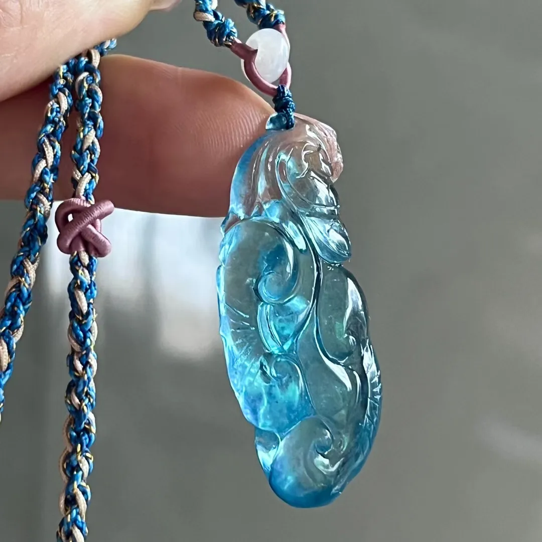 

Natural Blue Aquamarine Quartz Pendant Brazil Carved Bless Jewelry 40x17x11mm 18K Gold Blue Aquamarine Necklace AAAAA