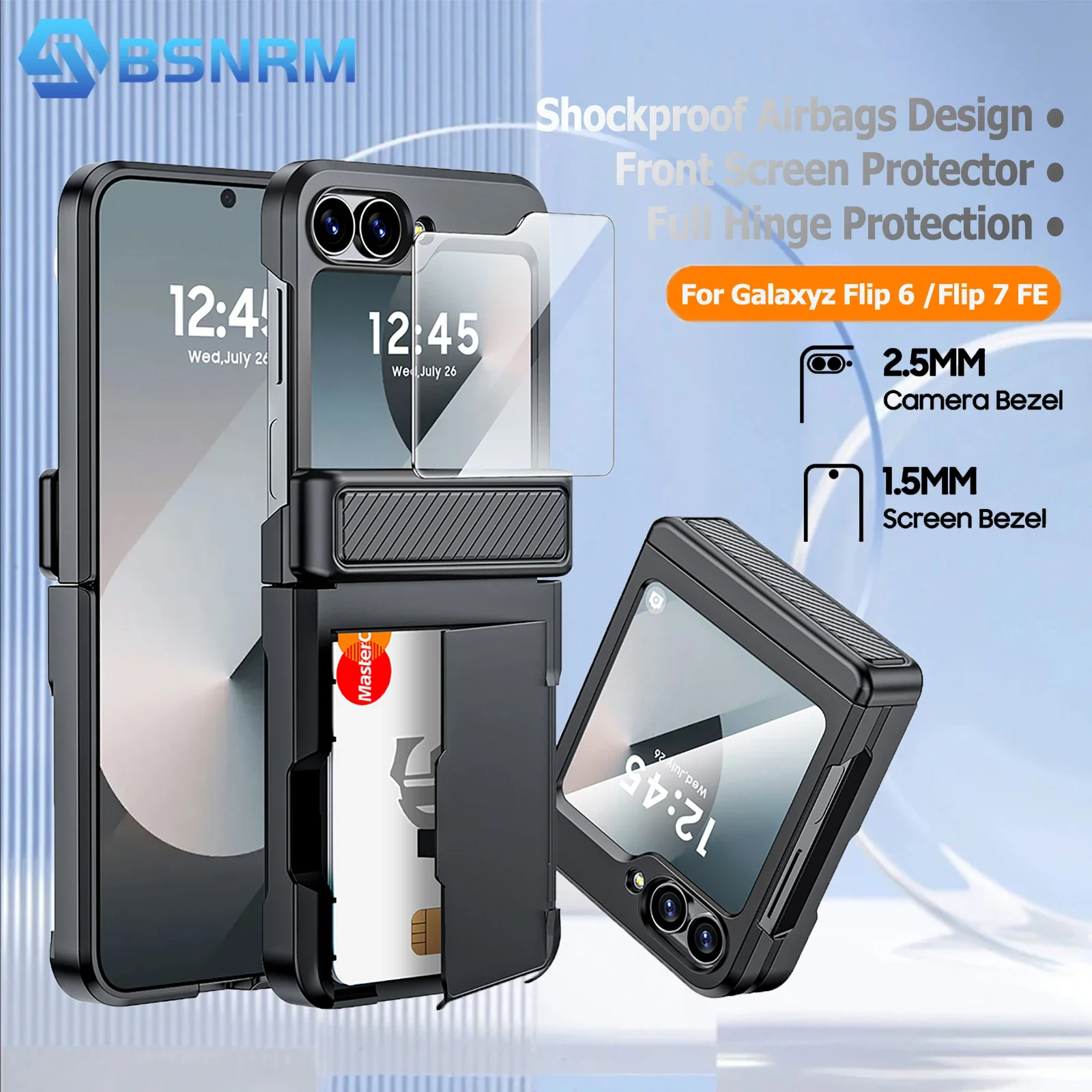 

Чехол-кошелек для Samsung Galaxy Z Flip 6, защита шарниров и с зажимом для карт [защита RFID] и защитной пленкой для экрана - черный