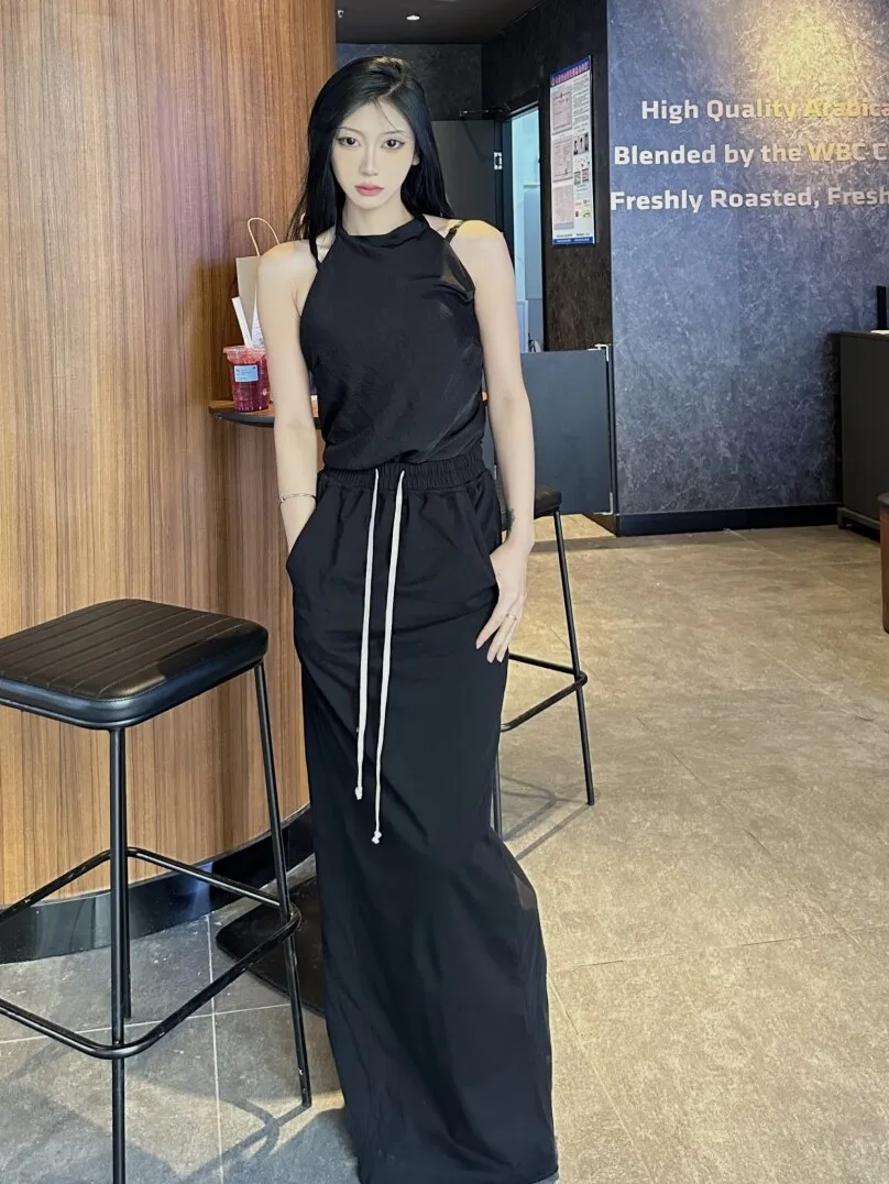 High Street Women's Dark Dark Cotton RO Style Elastic Waist Sexy Slim Fit Versatile Black Hip Hugging Half Knitted Half Skirt