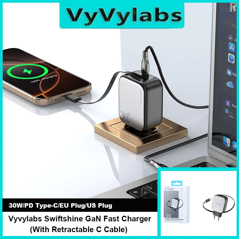 VYVYLABS GaN PD 30 واط شاحن سريع نوع C شحن سريع لهاتف آيفون 17 سامسونج مع كابل C قابل للسحب للكمبيوتر اللوحي