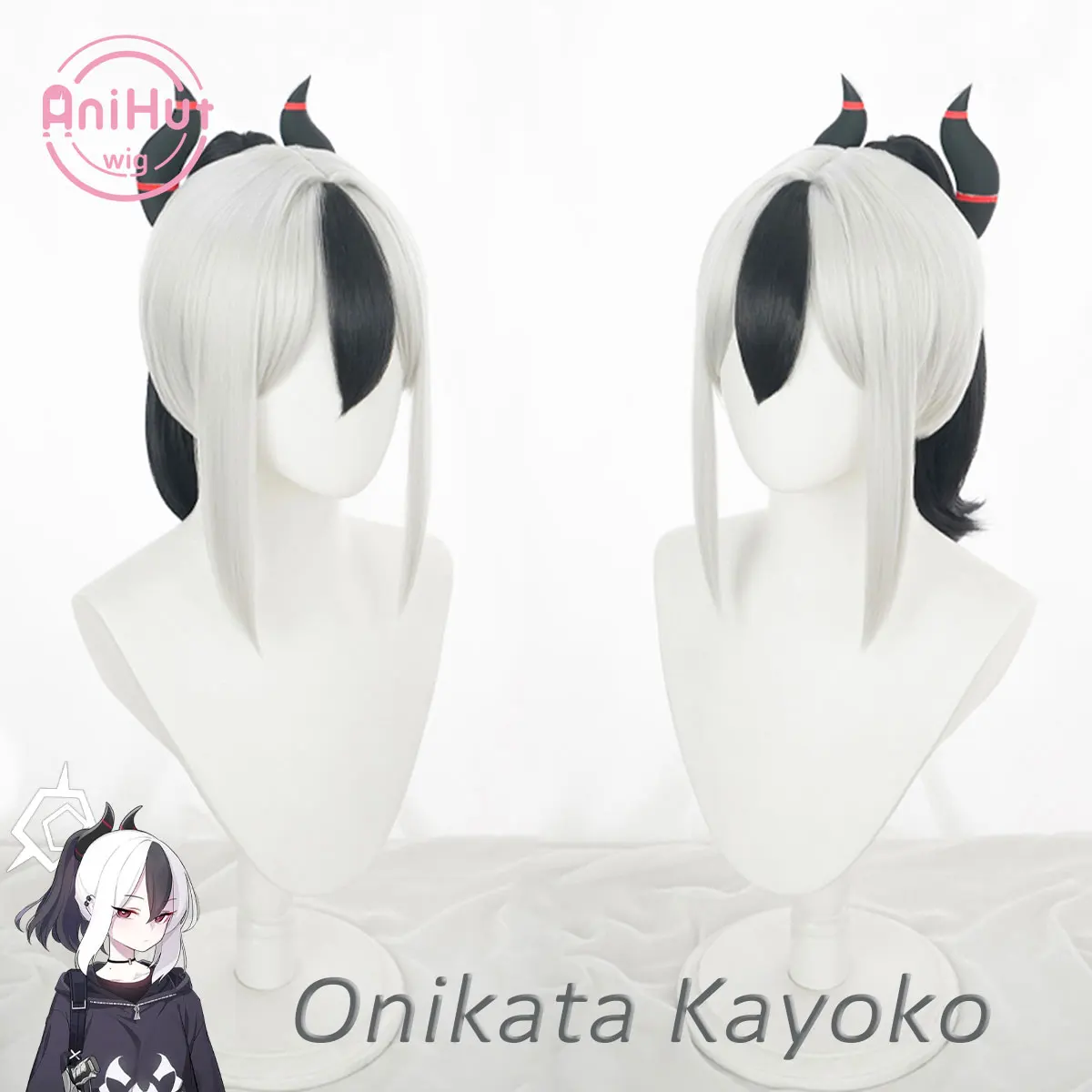 

Парик для косплея onikata Kayoko 35 см, термостойкий синтетический головной убор с конским хвостом и Рогами