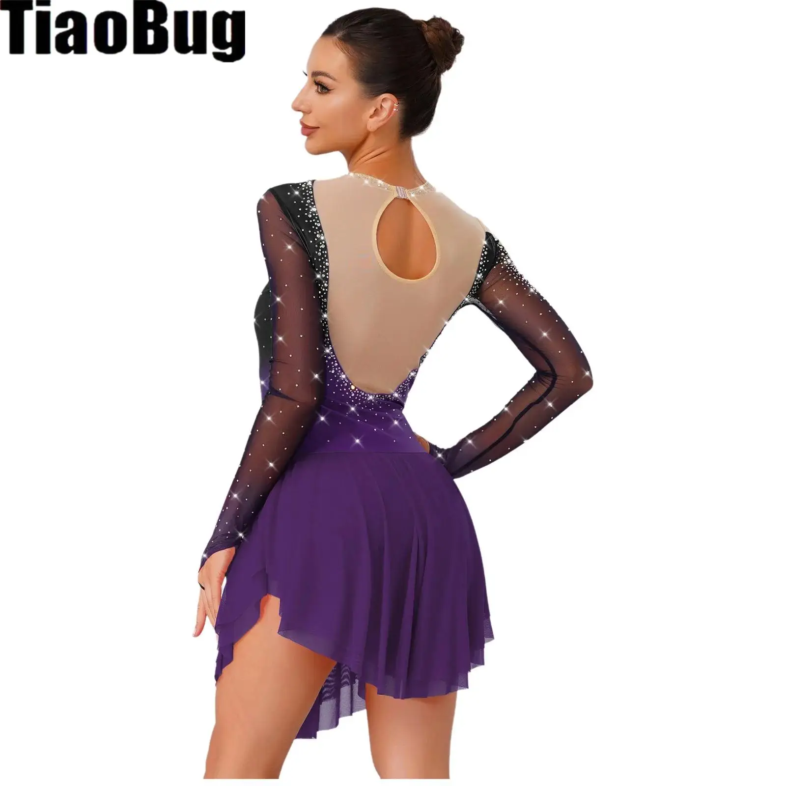 

Women Modern Lyrical Dance Dress Glitter Waltz Figure Skating Costume Irregular Mesh Built-in Briefs Gymnastics Ballet Dancewear