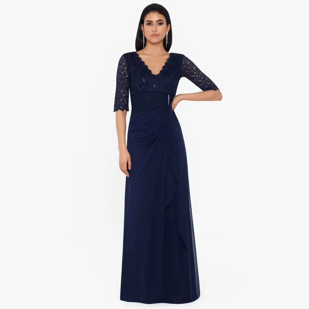 فساتين أم العروس الرسمية الأنيقة المخصصة على شكل حرف A من الشيفون نصف كم فساتين سهرة دانتيل فيستدو لحفلات الزفاف