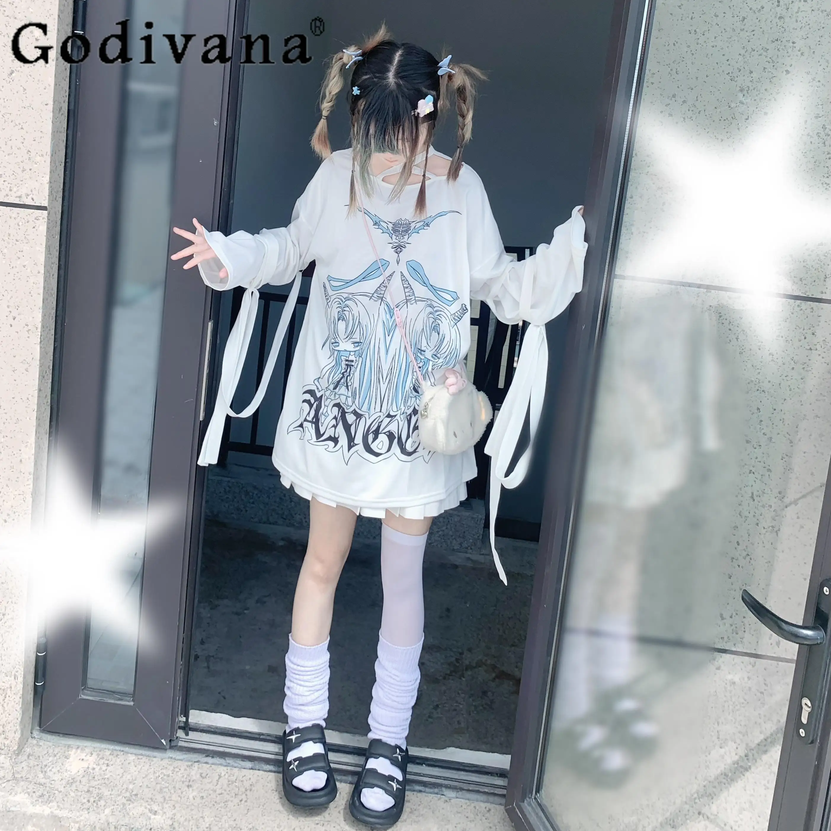 

Original Japanese Subculture Girl's White Kawaii T-Shirt Summer New Women's Style Loose Slim Anime Print Long Sleeve Top Tees