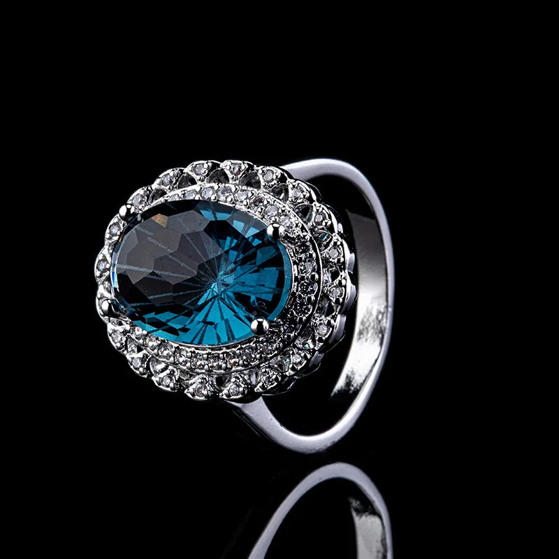 خاتم عصري راقي من الفضة عيار 925 مرصع بالألماس والأحجار الكريمة الخضراء للنساء هدايا مجوهرات الزفاف على شكل زهرة حمراء وزرقاء بيضاوية #3