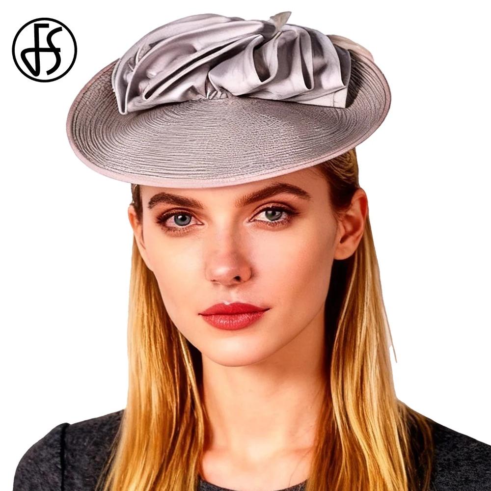 FS Luxury Ladies Wedding Fascinator Headwear With Feather Church Hat For Women Elegant Vintage Gray Tea Party Hats Chapeau Femme