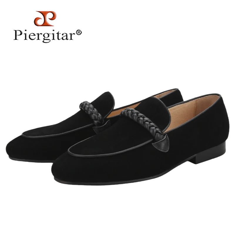Piergitar Black Suede Men Loafers With Handmade Leather Braided Pigtail Horizontal Bands For Party Wedding Dressing Red Outsole