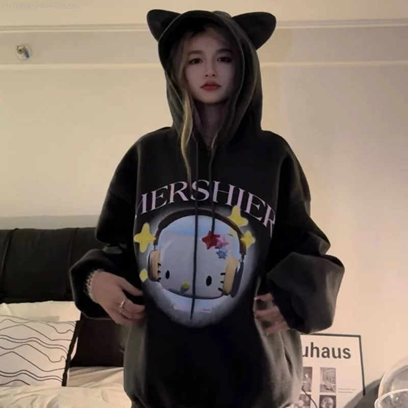 Sanrio Hello Kitty New Korean Style Clothes Women Fashion Top Shirt Hooded Y2k Cartoon Aesthetic Black Pullover Cute Sweatshirt