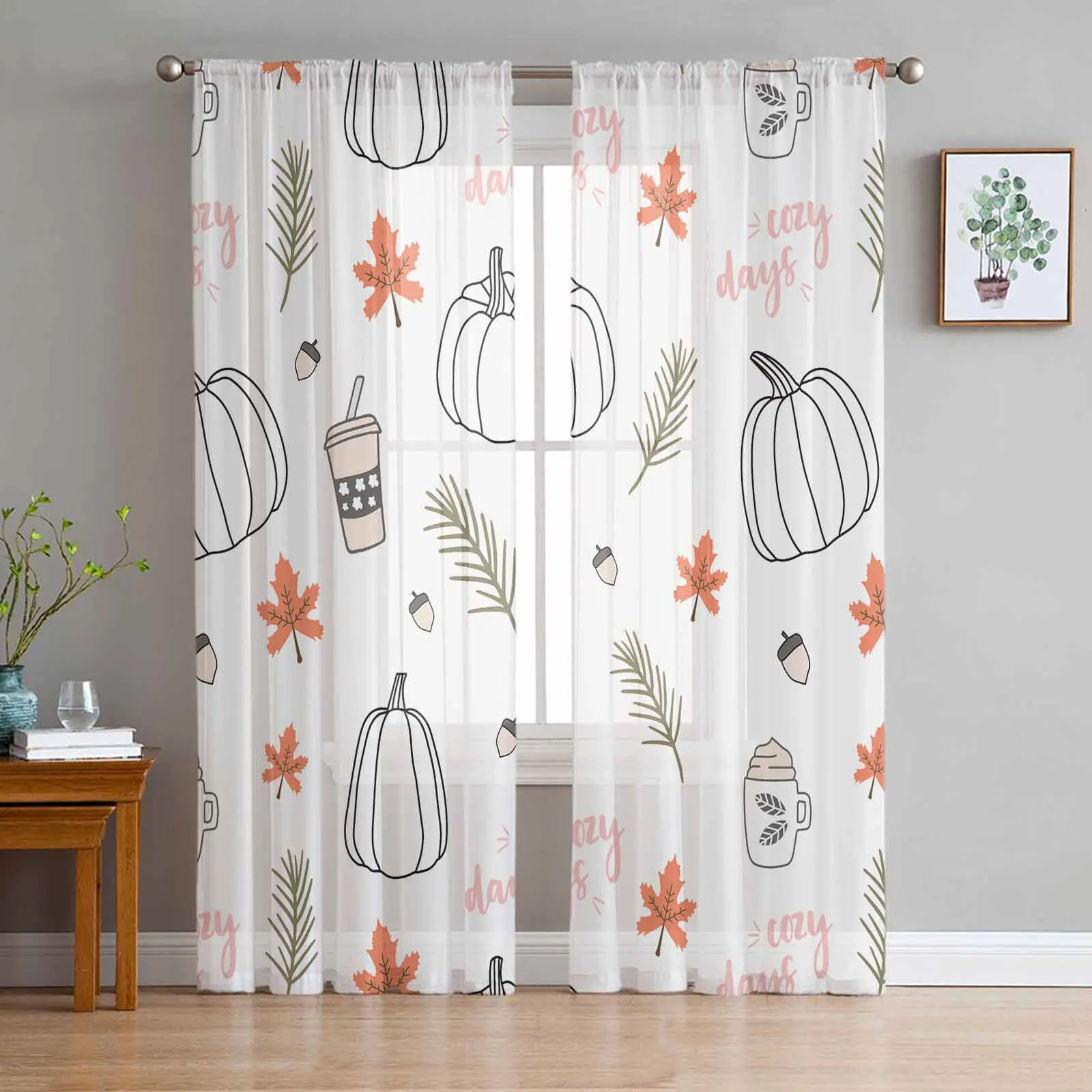 

Thanksgiving Autumn Line Pumpkin Coffee Tulle Curtains for Living Room Sheer Curtain for Bedroom Kitchen Blinds Voile Curtains