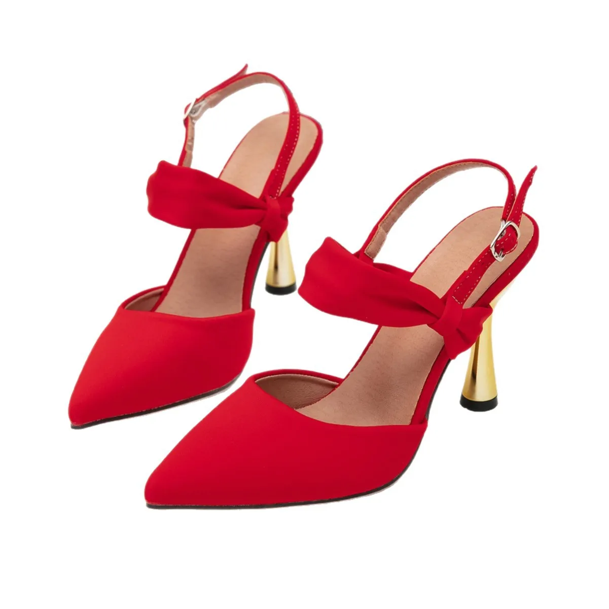 

Red pointed back empty sandals women's bow decorative metal special-shaped heel high heels fashion banquet dress