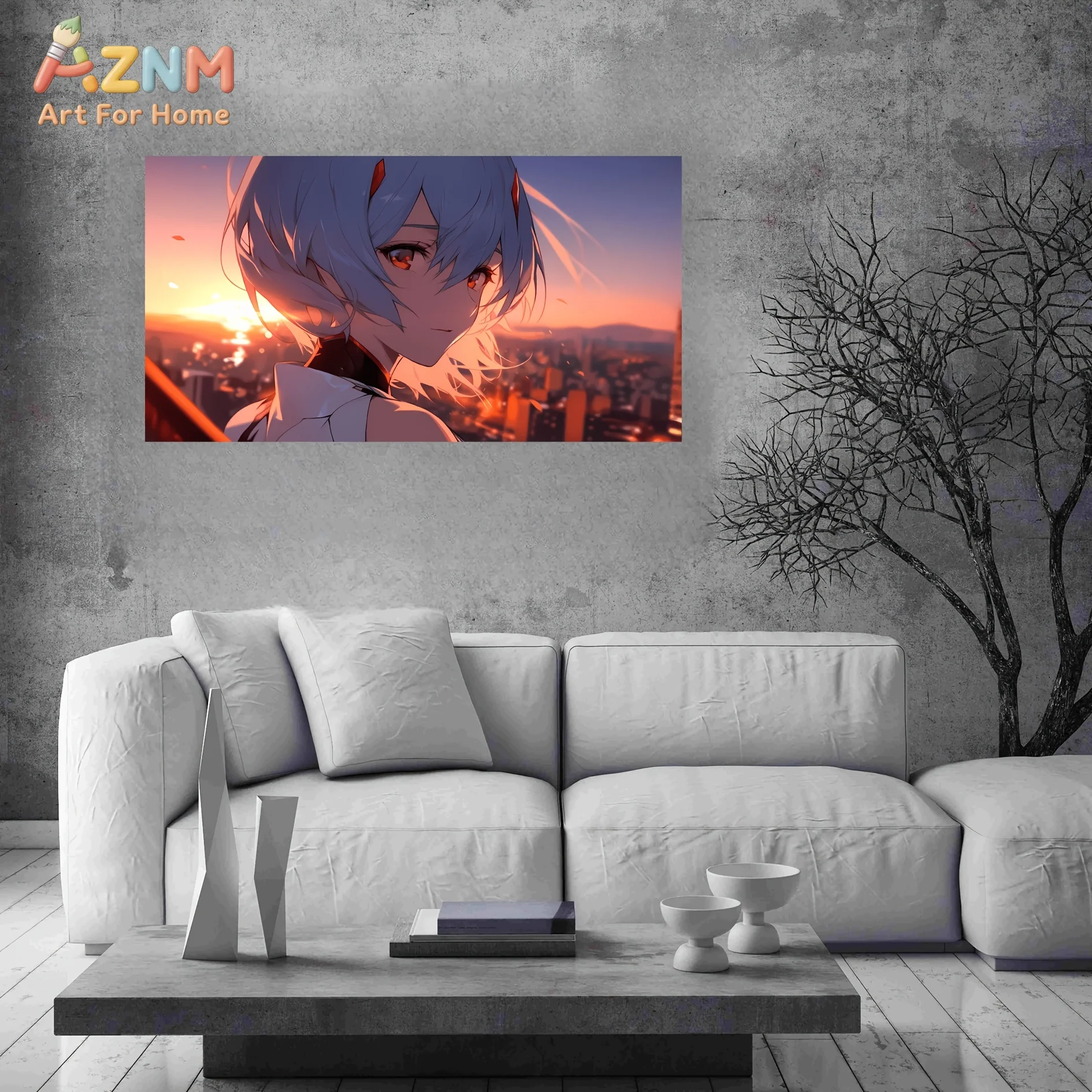 AZNM Neon Genesis Evangelion Ayanami Rei Sunset City Anime Canvas Wall Art Unframed Painting for Home Decor
