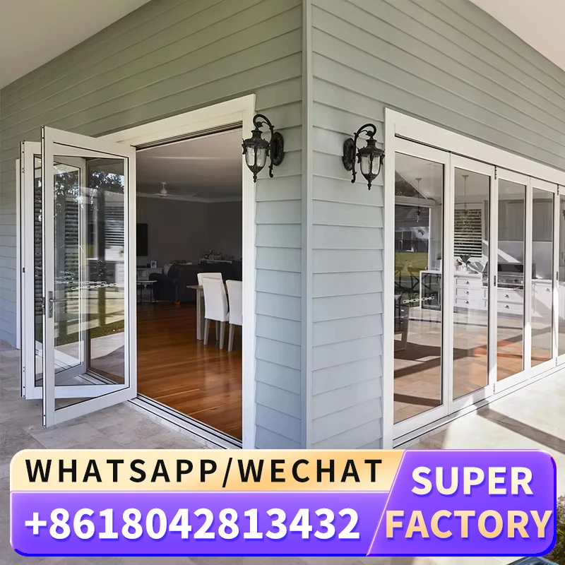 Eksterior pintu lipat dua kaca hemat energi Modern-pintu lipat aluminium untuk rumah