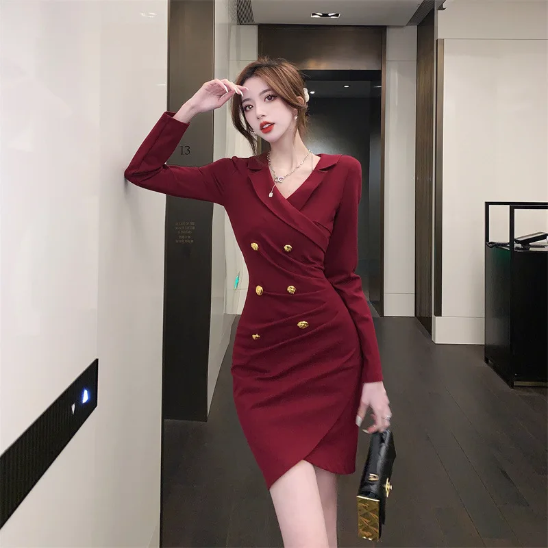 Fashion Slim Short Dresses Autumn and Winter New Dresses for Women 2023 Turn-down Collar Folds A-line Mini Solid Red Dress