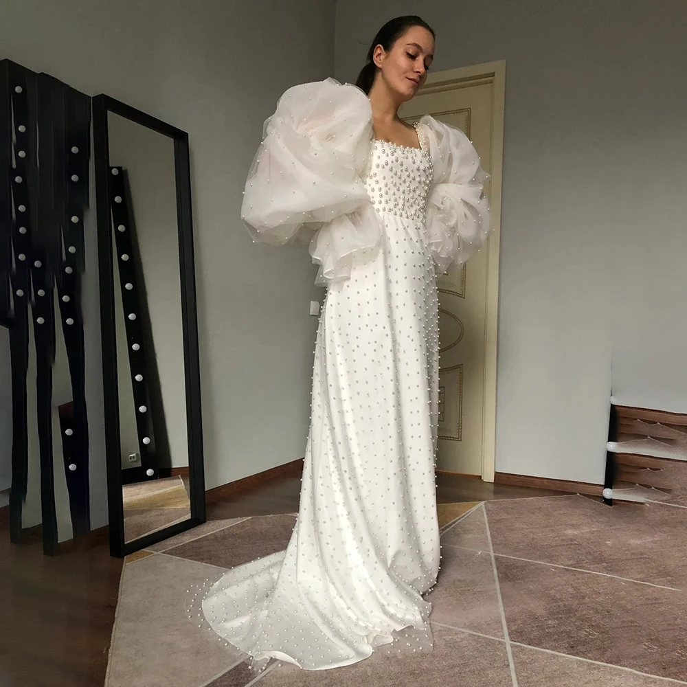 Long Bubble Sleeves Pearls Square Neck Wedding Dress Customized Plus Size A Line Low Cut Organza Backless Elegant Bridal Gowns