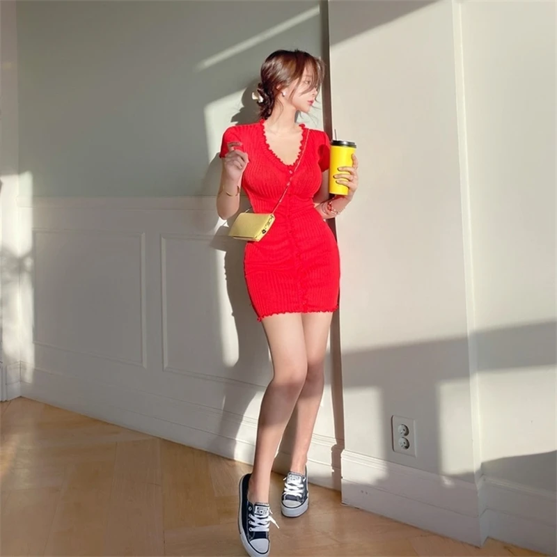 2024 Summer Hot Sexy Dress Red Ins Korean Fashion Mini Ruffles Casual Dresses All-Match V-Neck Knitted Vestidos Mujer Party 원피스