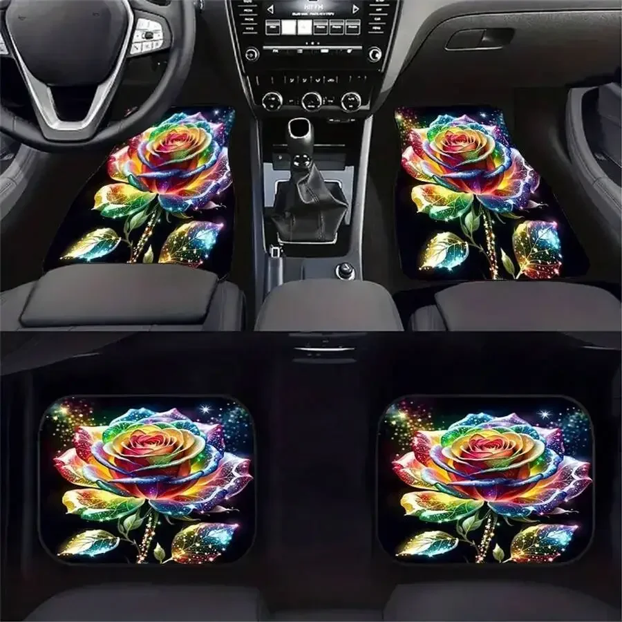 4-Piece Universal Car Floor Mats With Colorful Rose Pattern Easy Clean Dust Collecting Interior Decor