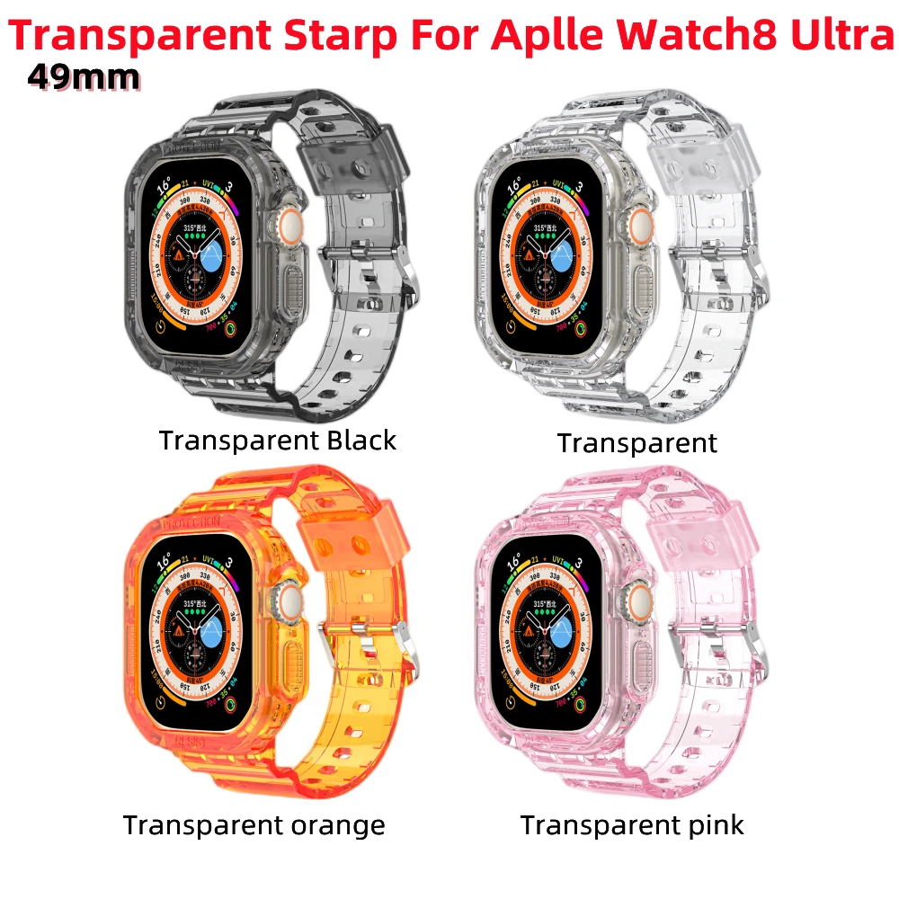 

Transparent One-Piece Wristband 49mm Watch Band With Protect Bumper Case For Apple Watch Series8 Ultra TPU Strap Bracelet
