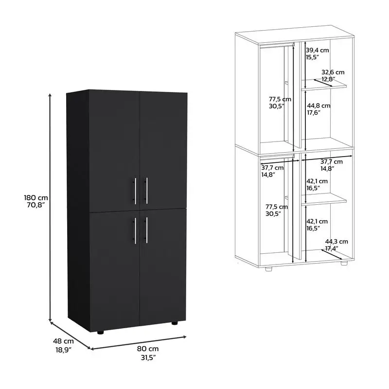 70" H Armoire Wardrobe, Double Doors, 6 Shelves, 2 Hanging Rods, Black Finish Storage Organizer