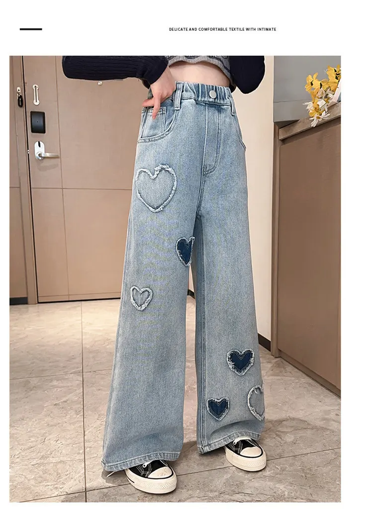 Weite Schulhosen für Mädchen mit Herz-Design, Lässige, Lockere 2025 Neue Frühlingsmode Lange Jeans, Kinderhosen im Koreanischen Stil – Detail 3