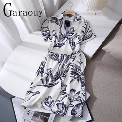 Garaouy 2023 Women Summer Vintage Leaf Print V-neck Short Sleeves Mini Dress Female Loose Casual Vacation Beach Dresses Sundress