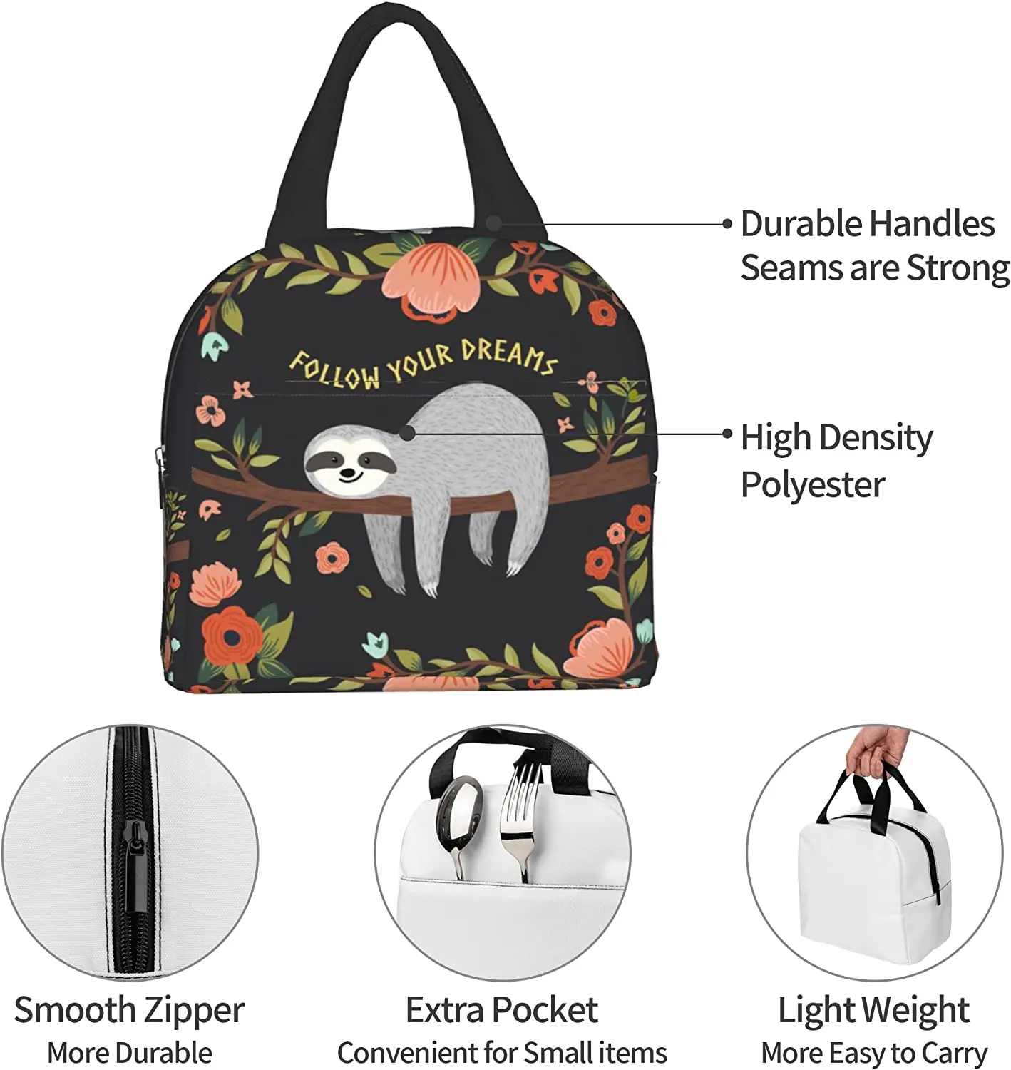 Sloth Lunch Bag Follow Your Dreams Sloth Insulated Lunch Box for Women Reusable Cooler Teto Bags for Work School Picnic