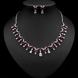 French Wedding Banquet Colorful Zircon Necklace Earrings Two Piece Set with Pulling Neckchain Earrings
