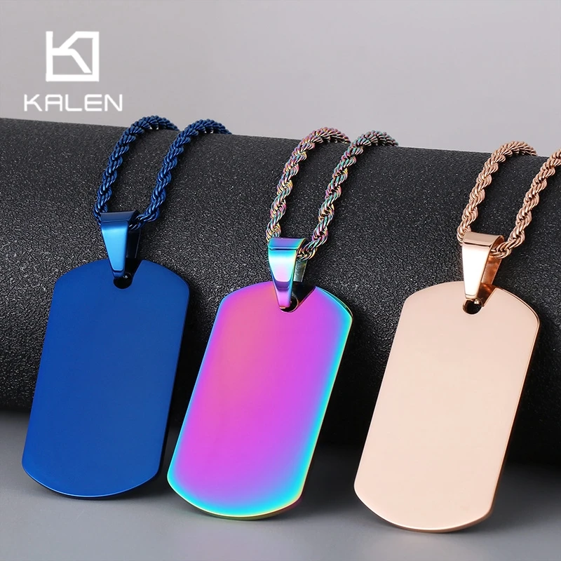 Hip Hop Style Colorful Men Pendant Necklace Rectangular Stainless Steel Hang Tag for Women High Quality Polished Trendy Jewelry