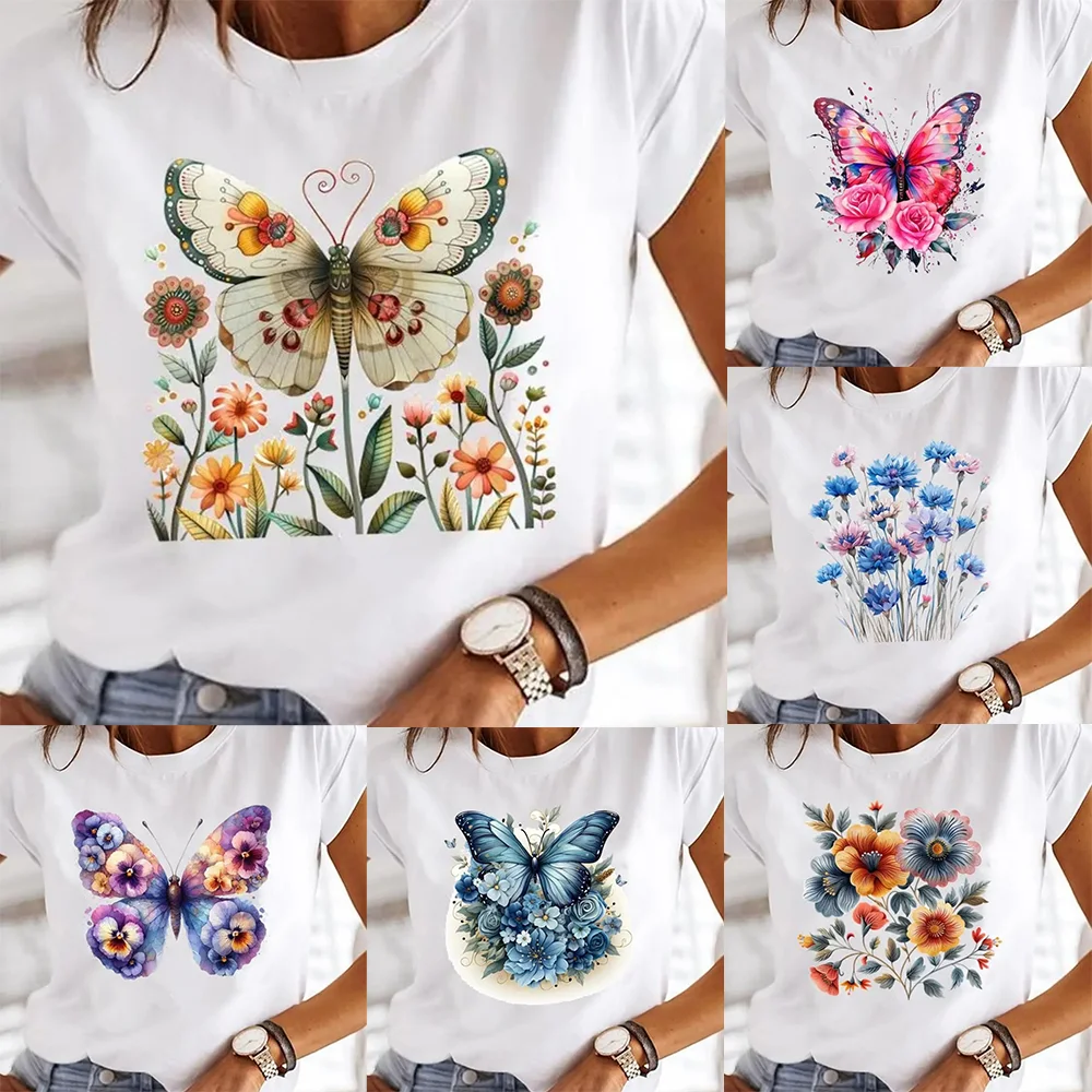 

Butterfly Trend 90s Casual Top Clothes Female Short Sleeve Print T-shirts Fashion O-neck T Clothing for Women Graphic Tee