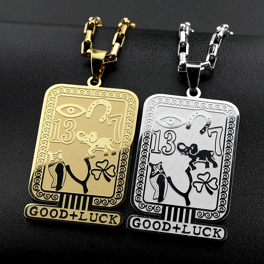 Eye Of Providence Elephant Clover Number 13&7 Pendant Necklace Women Men Stainless Steel Gold Color Good Luck Chain Jewelry