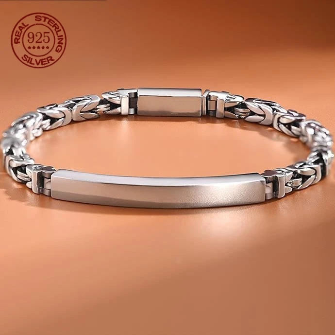 New S925 Sterling Silver men's Peace Grain Bracelet Male Fashion Niche Design Sense Retro Woven Lettering Trend Bracelet