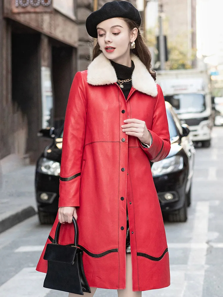 European Fashion Women's Genuine Leather Down Coat Women's Mid length  Mink Wool Sheepskin Coat with Detachable Inner