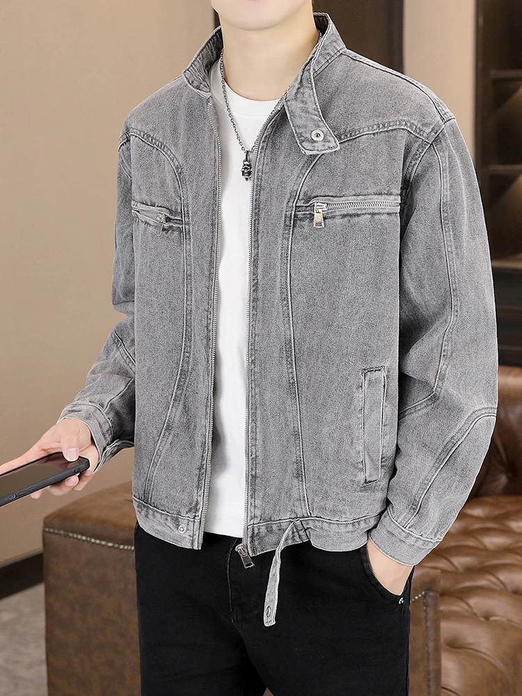 

Waed ey Denim Jaet Men's Trendy Vintage ort Zipper Jaet Spring Autumn Loose Fit Long Sve Youth Casual Outerwear