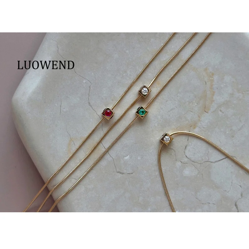 

LUOWEND 100% 18K Yellow Gold Bracelet Women Snake Bone Chain INS Style Ruby/Emerald Bracelet Diamond Necklace Fine Jewelry