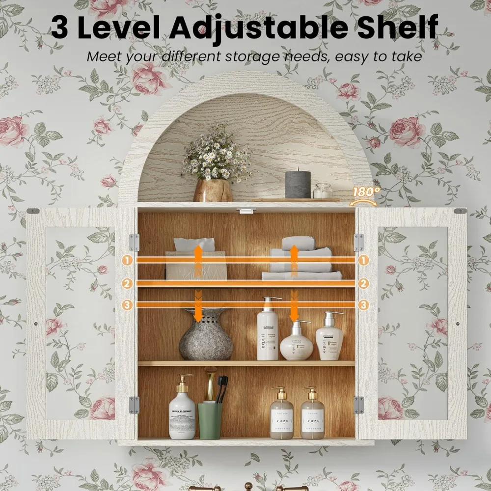 خزانة حمام مقوسة مثبتة على الحائط مع أبواب زجاجية وأرفف قابلة للتعديل للتخزين فوق الحوض