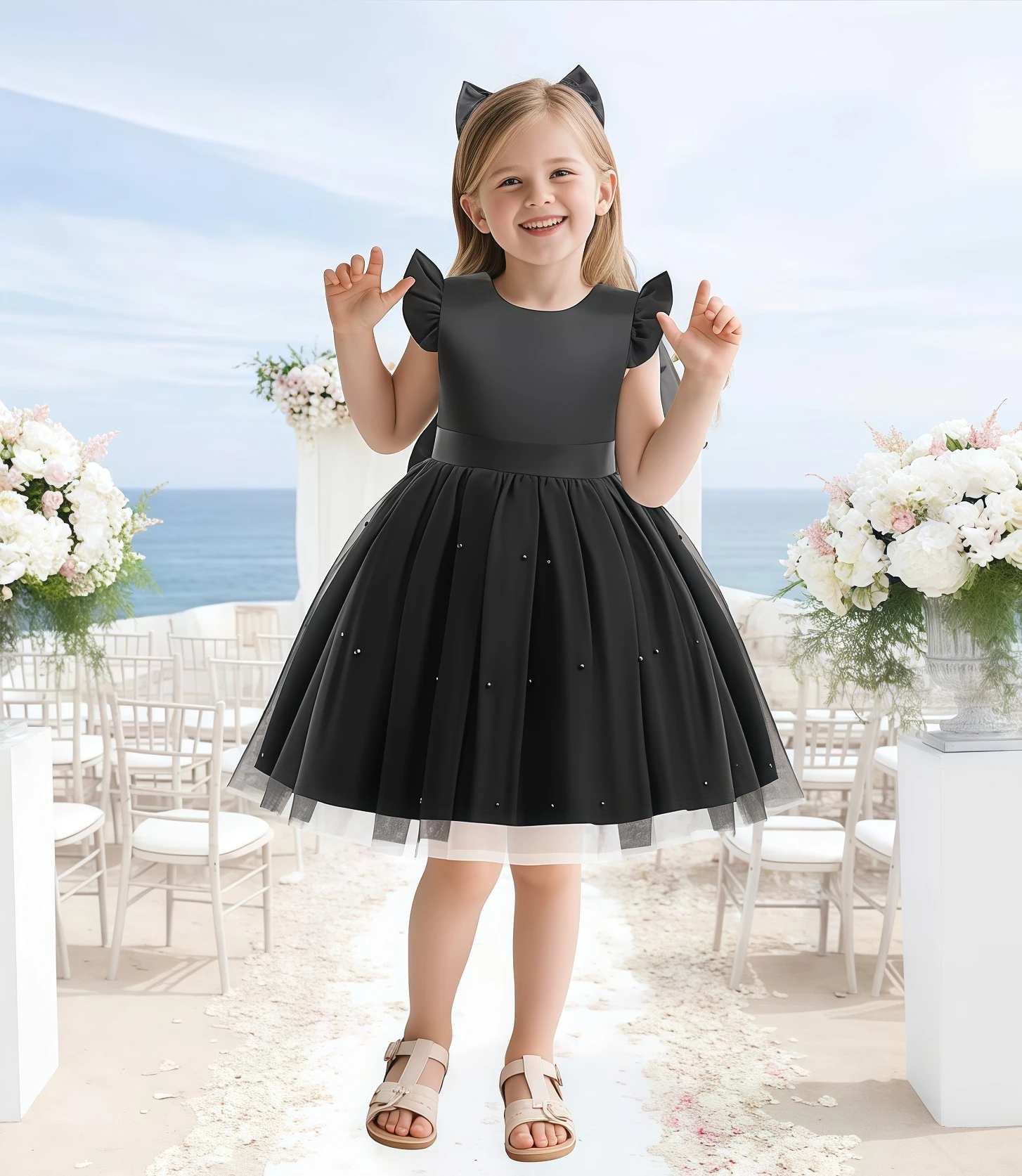 White Tulle Girl Dresses with hairband Sleeveless Princess dress For Girls Flower Girl Wedding Birthday Party Banquet Ball Gown