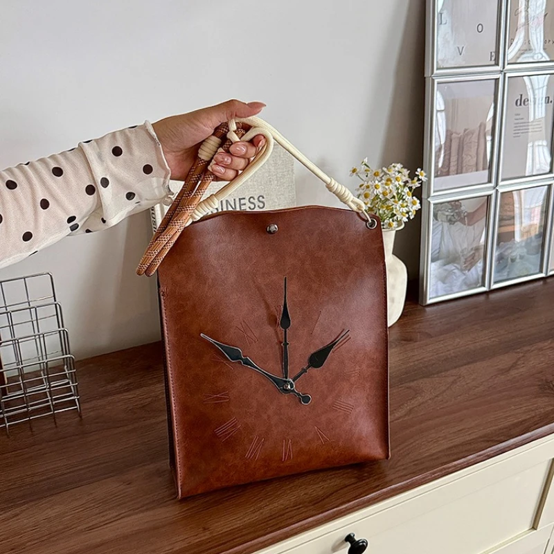 Numeral Pattern Casual PU Leather Tote Bags Retro Light‑weight Daily Shopping Handbags Roman Vintage Clock Print Shoulder Bags