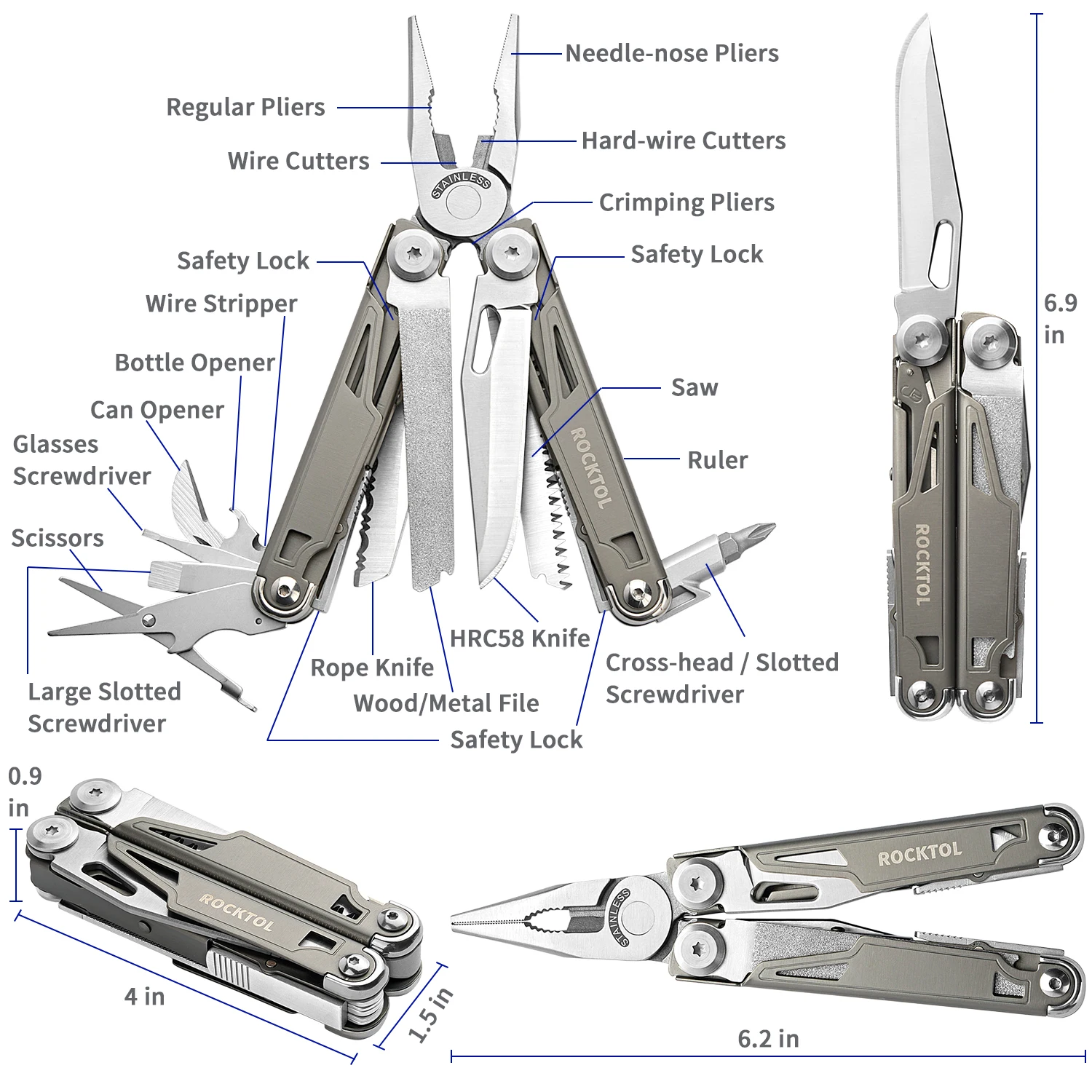 ROCKTOL Multitool,19-in-1 Multitool Pliers with Titanium-plated Handle, Safety Locking, Lightweight EDC Tool and Nylon Sheath fo