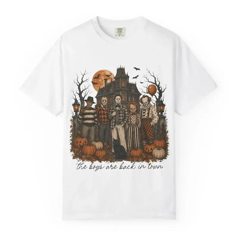 Comfort Colors Halloween Horror Villains Graphic T Shirt Retro Slasher Monster Tee Pumpkin Shirt Unisex Spooky Season Top