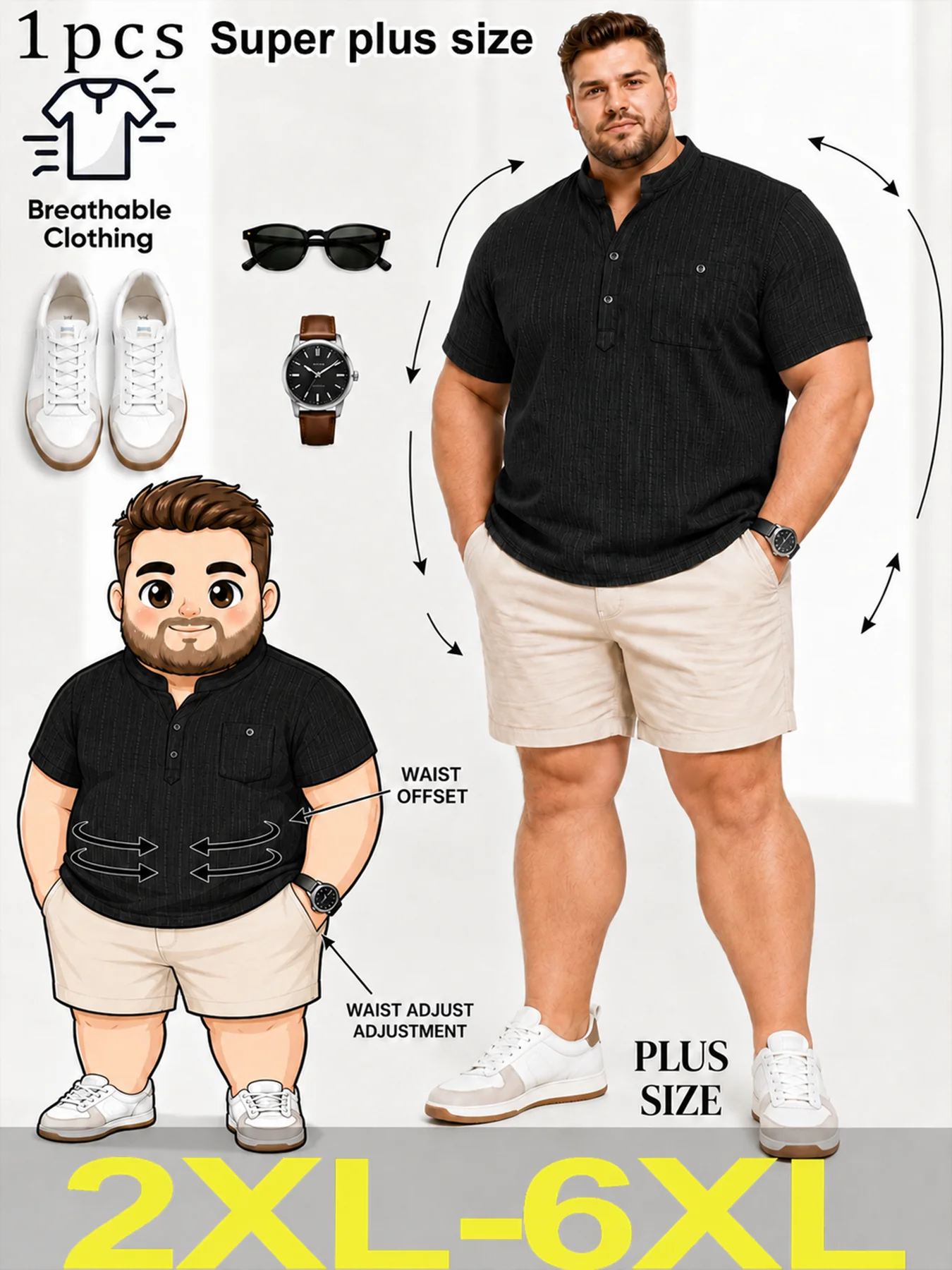 Big and Tall Men's Short Sleeve Mandarin Collar Shirt, 2XL-6XL Loose Fit Textured Casual Beach Top