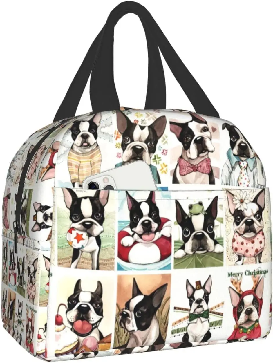 Cute Boston Terrier Dog Pattern Lunch Bag Teen Insulated Cooler Lunch box Containers for Adults Tote Thermos Portable Outdoors