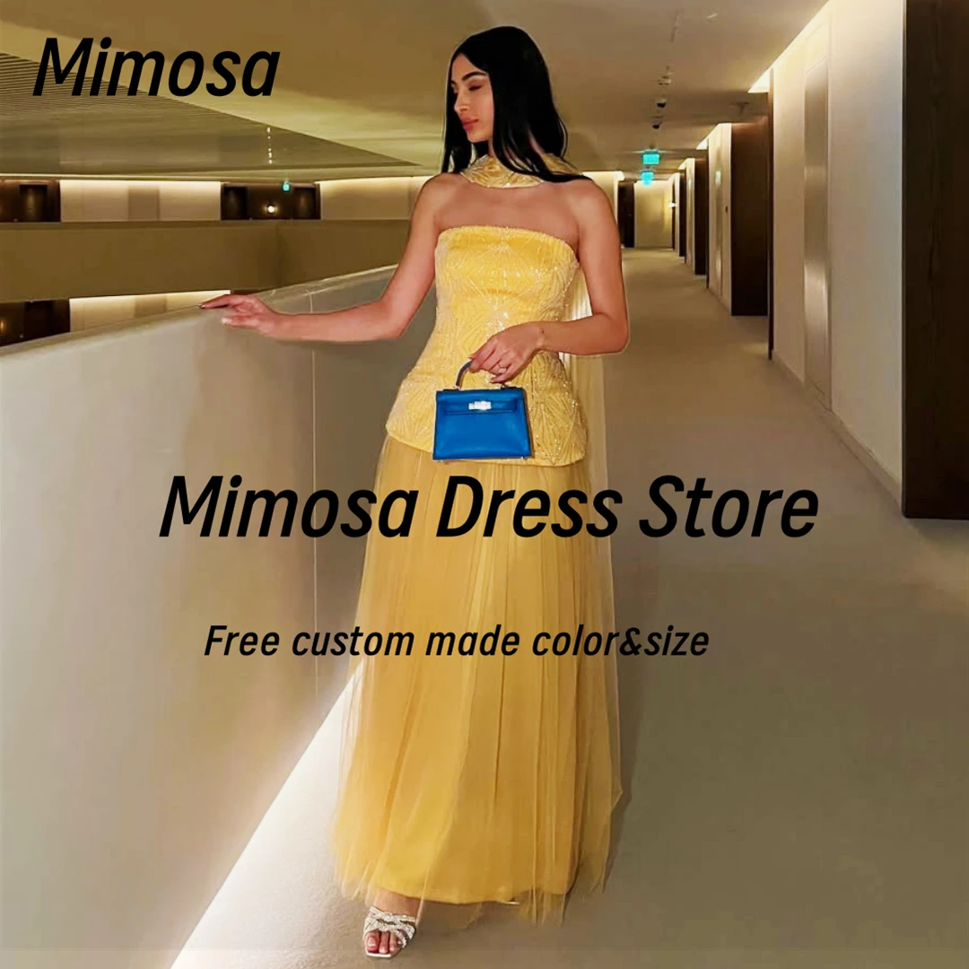 Mimosa Yellow Tulle Prom Dresses Strapless Shinny Sequins Vestidos Des Noches Sexy Back Cocktail Party Evening Gowns Customized