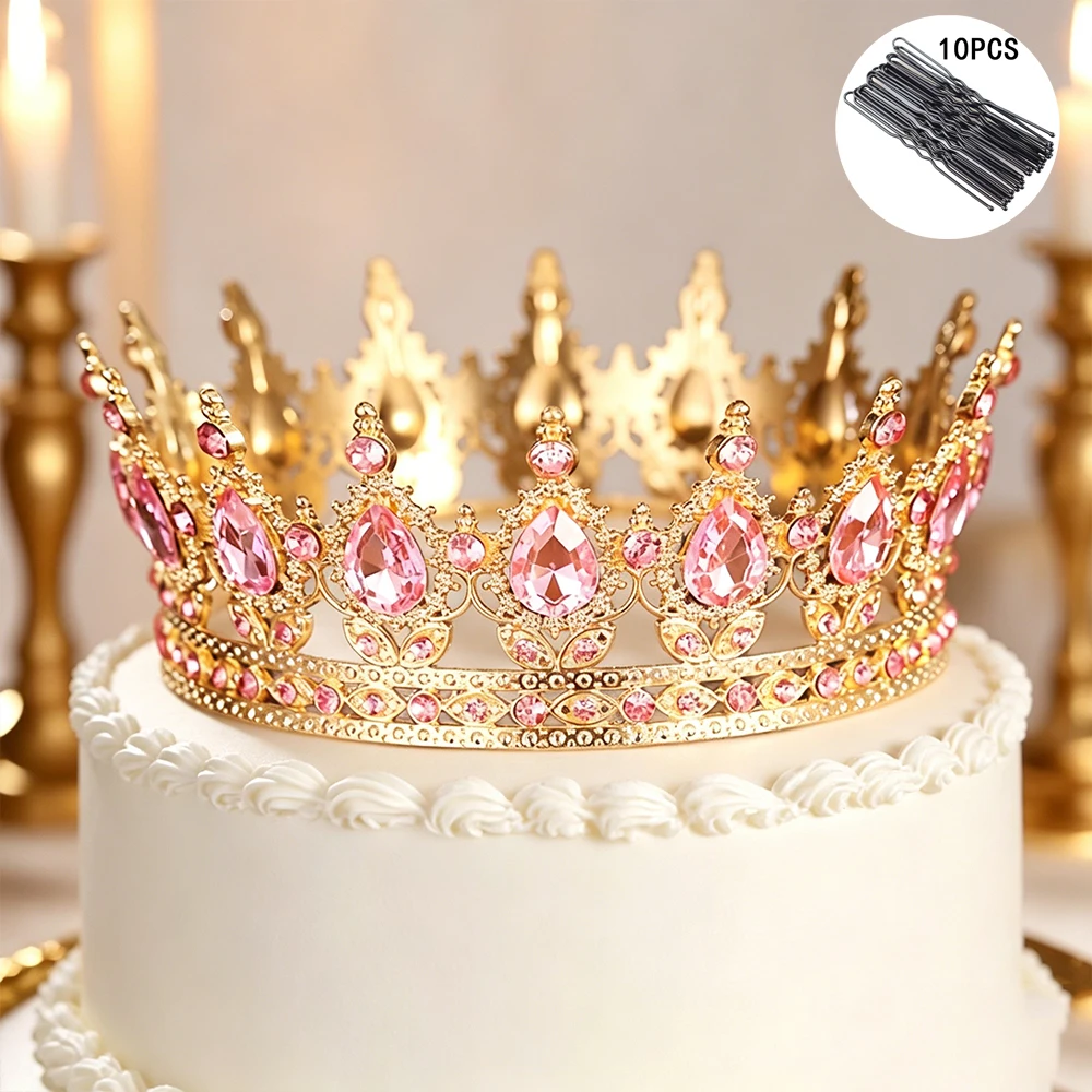 Full Round Crown Rhinestone Princess Tiara with 10Pcs Bobby Pins Luxury Headpiece Wedding Birthday Cake Decor Pageant Party view 6
