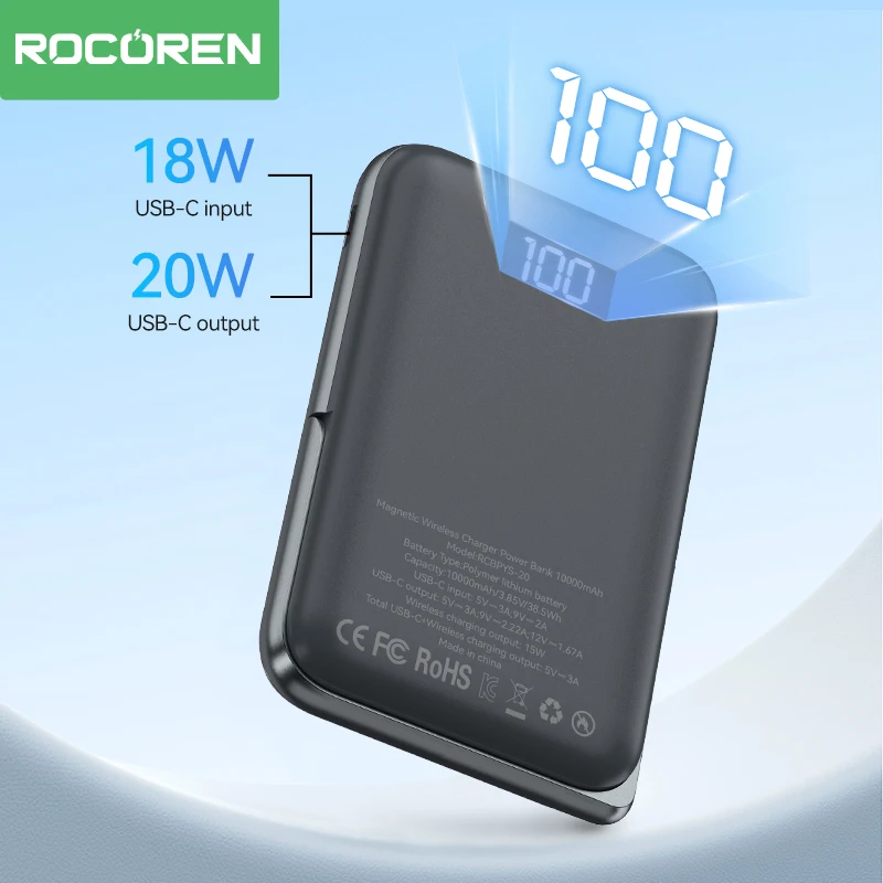 Rocoren 10000mAh PD20W Magnetic Power Bank Wireless Charger Portable Powerbank With Stand For iPhone 15 14 Pro External Battery