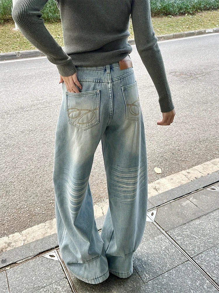 

Джинсы женские с высокой талией, широкими штанинами, синие, выбеленные, с вышивкой, прямого кроя, повседневные, универсальные, из денима