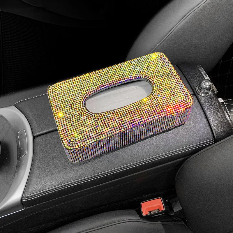 Caja de pañuelos de lujo con diamantes de imitación para coche, soporte tipo bloque para consola central, reposabrazos, asiento trasero, accesorios