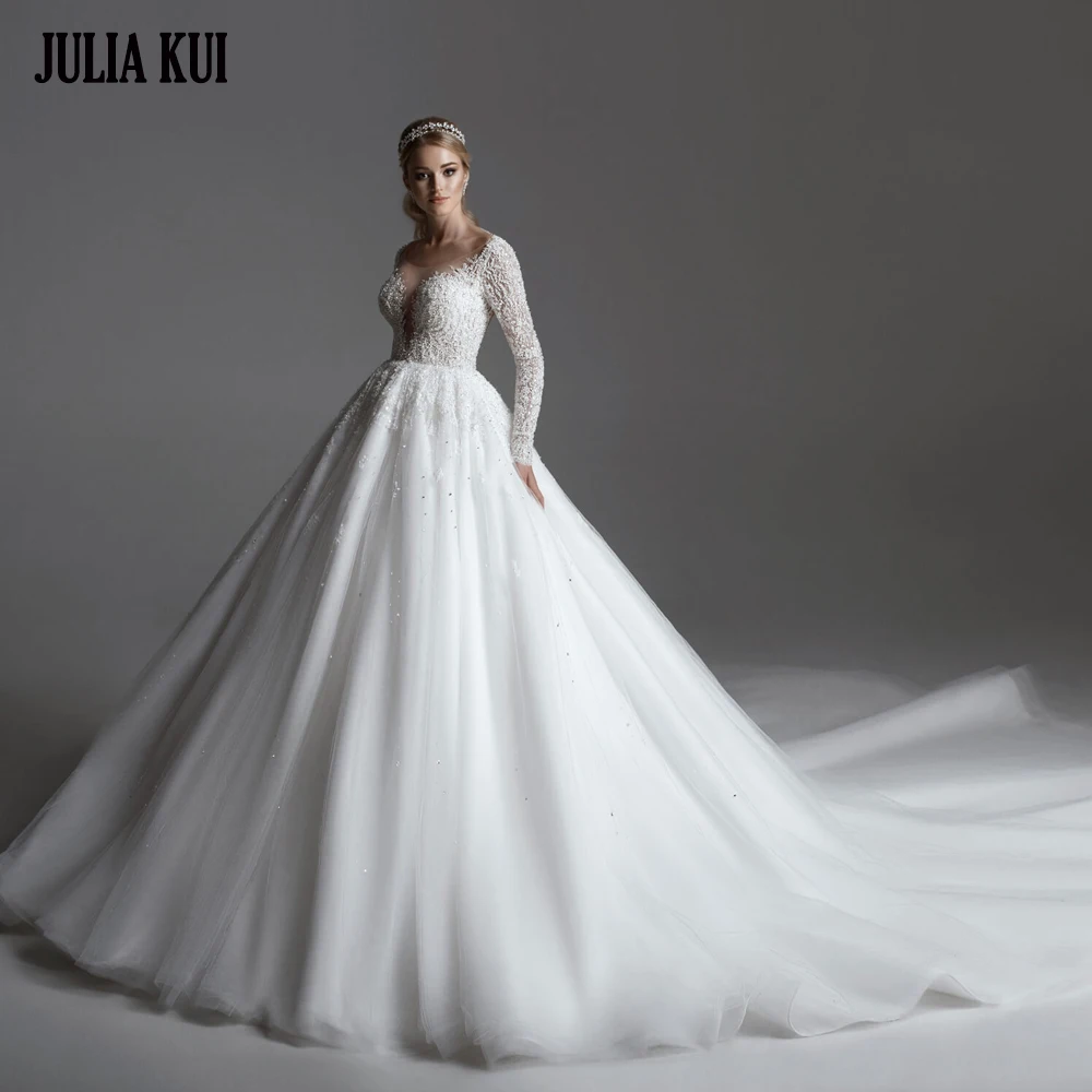 

Julia Kui Custom Made Elegant Beaded Embroidery Lace Ball Gown Wedding Dresses Full Sleeves Bridal Gowns Vestido De Noiva