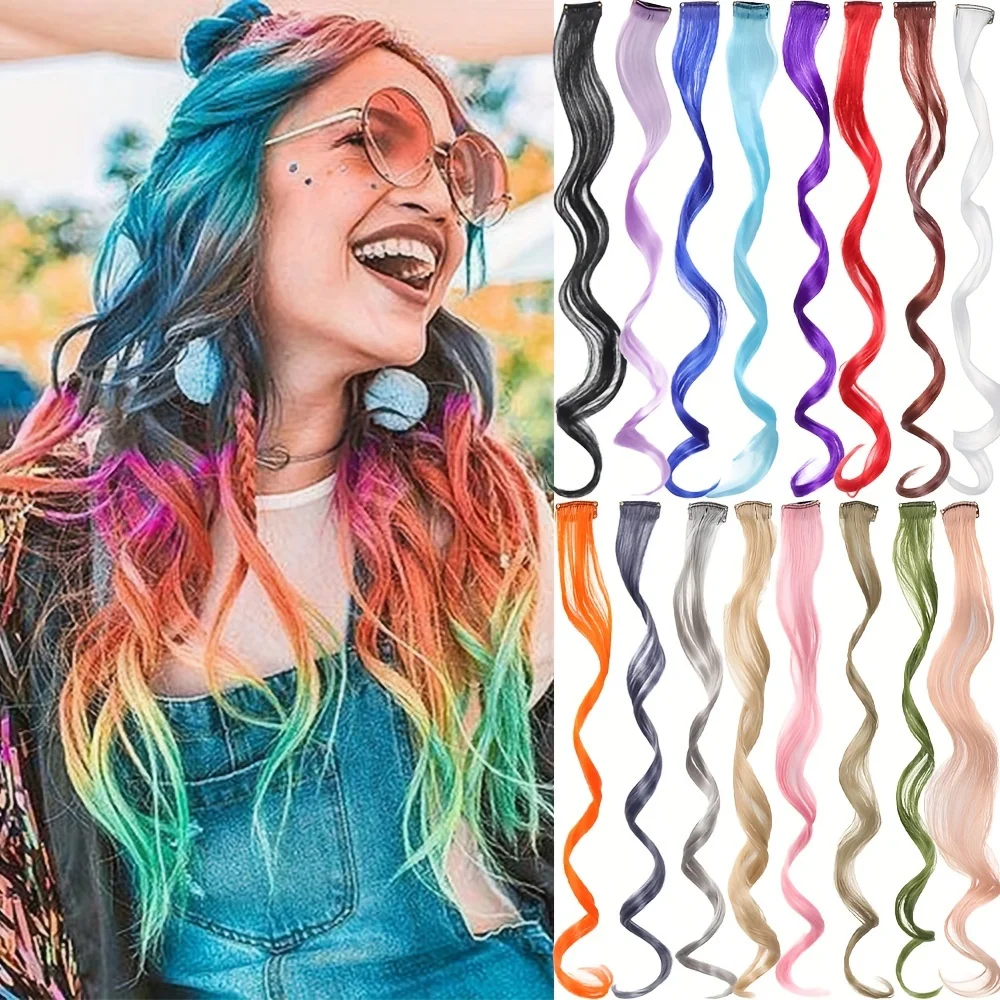 Clip de colores sintéticos en una pieza, ondas grandes con cabello rizado, extensiones de cabello coloridas de arcoíris, postizos de 20 pulgadas,